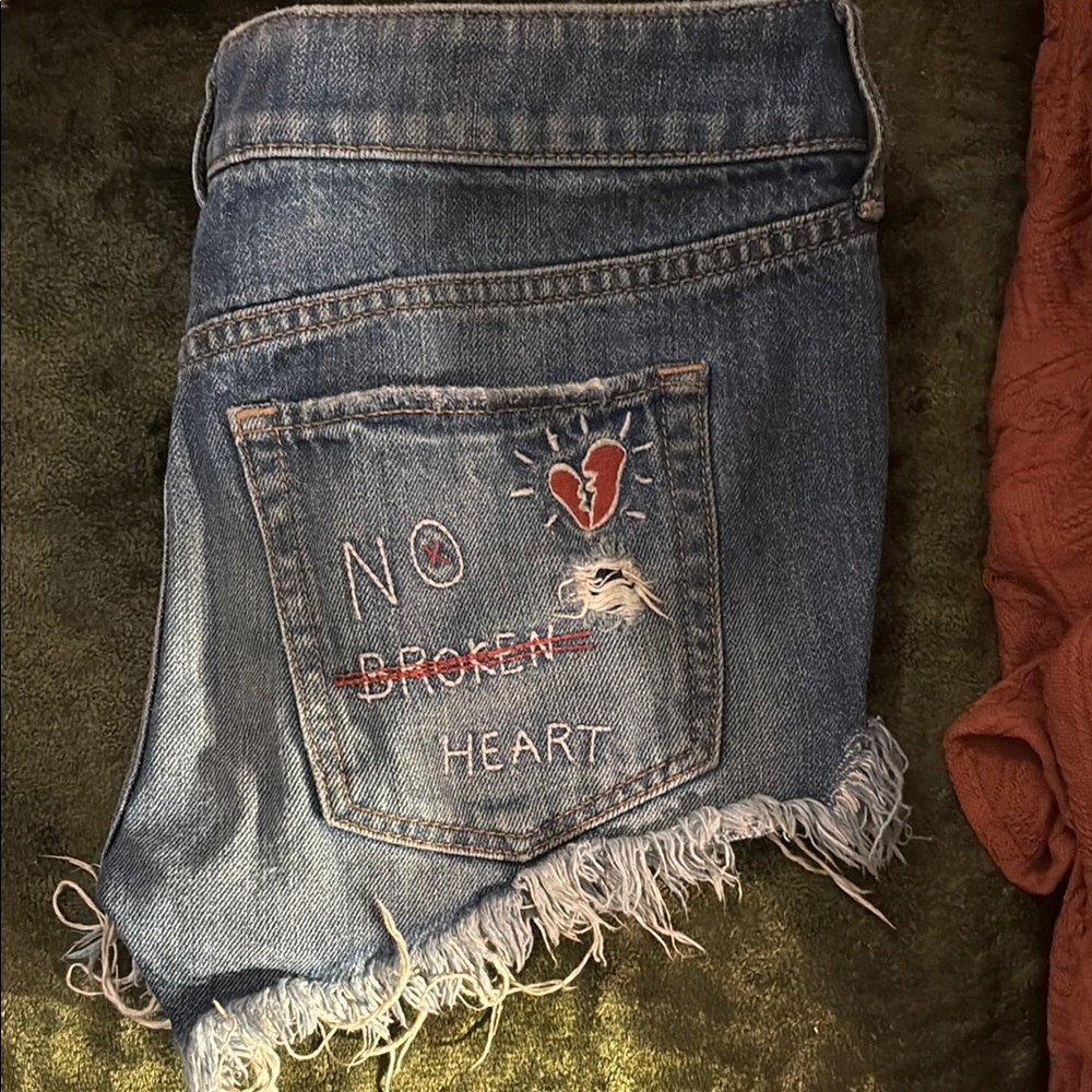 Express Blue Distressed Denim Shorts with Embroidered Heart